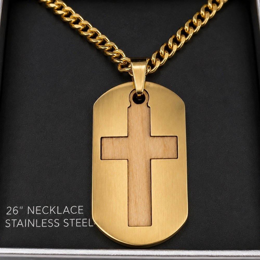 E0064-American Exchange Men's Gold Tone Cross Dog Tag Necklace 26" Stainless